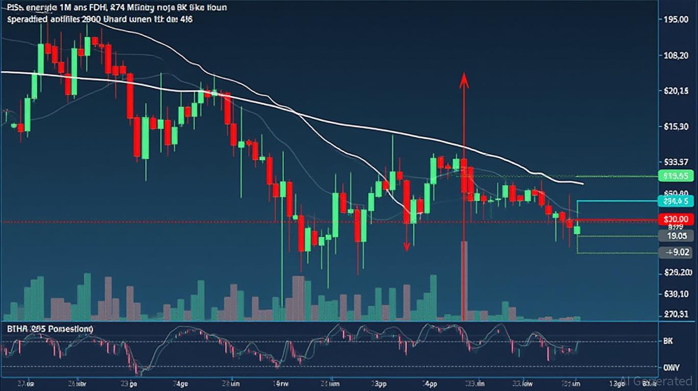 PBF Energy's 15min chart shows Bollinger Bands expanding downward, bearish marubozu.