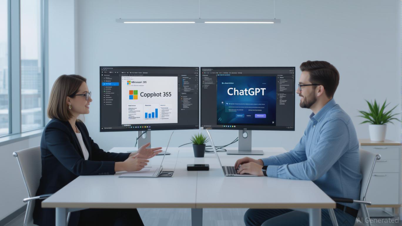 Illustration showing Microsoft Copilot and ChatGPT logos on opposite sides