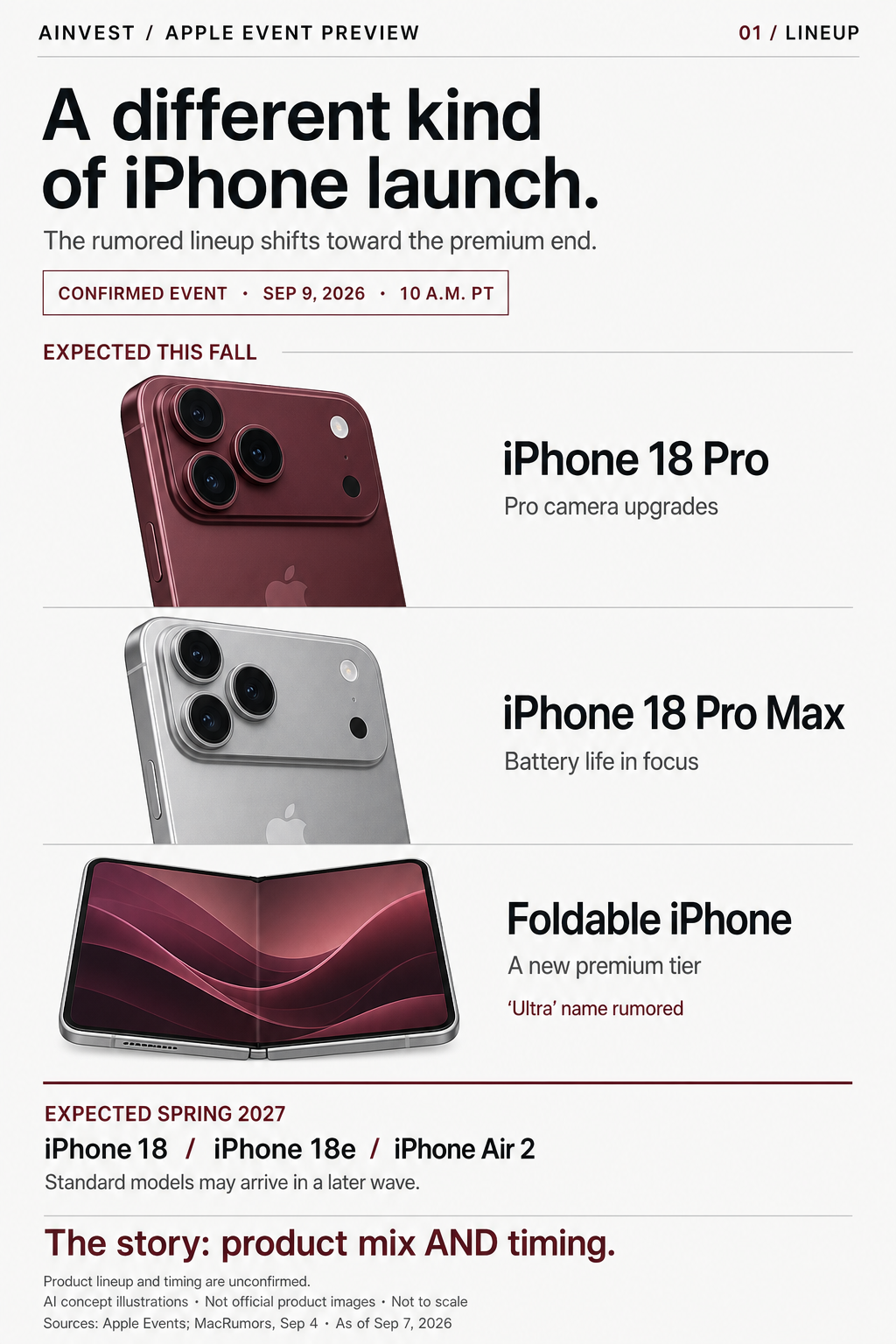 Expected iPhone 18 lineup: Pro, Pro Max, and a foldable this fall; standard models may wait until spring 2027.