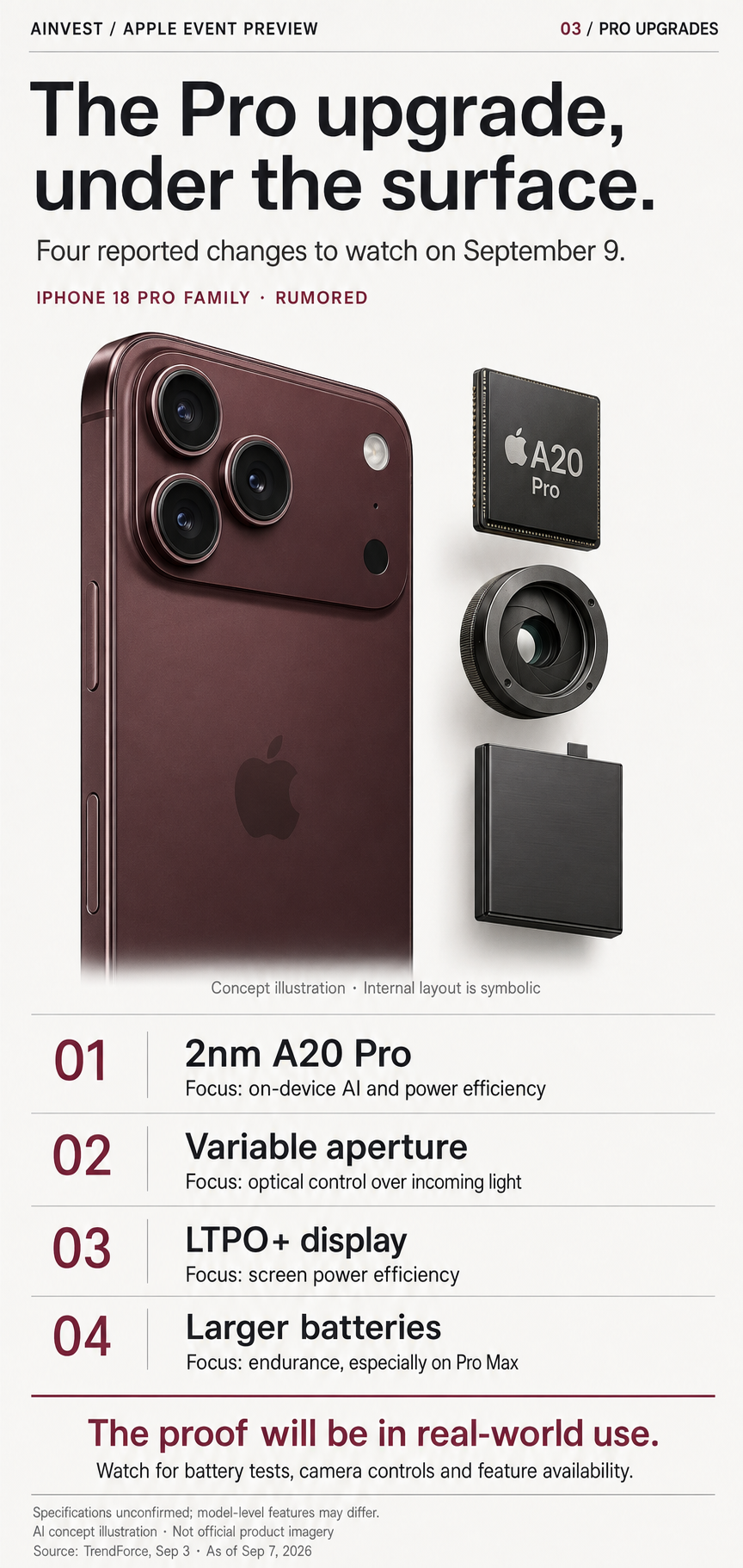 Reported iPhone 18 Pro upgrades: 2nm A20 Pro, variable aperture, LTPO+ display, larger batteries.